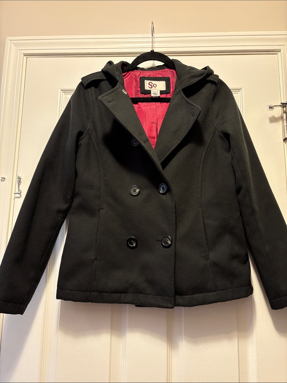SO Black Double-Breasted Pea Coat with Red Lining